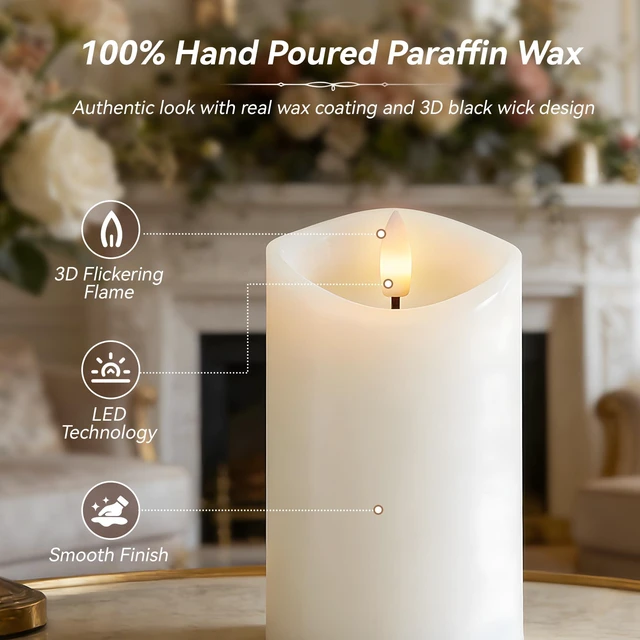 Alt view image 5 of 7 - White Real Wax LED Rechargeable Flameless Battery-Operated Pillar Candles Flickering Flameless Candles Melted Edge with Remote and Timer, LED USB Type-C Candles, Set of 3 (3" x 4",5",6"),Home Decor