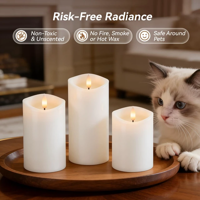 Alt view image 7 of 7 - White Real Wax LED Rechargeable Flameless Battery-Operated Pillar Candles Flickering Flameless Candles Melted Edge with Remote and Timer, LED USB Type-C Candles, Set of 3 (3" x 4",5",6"),Home Decor