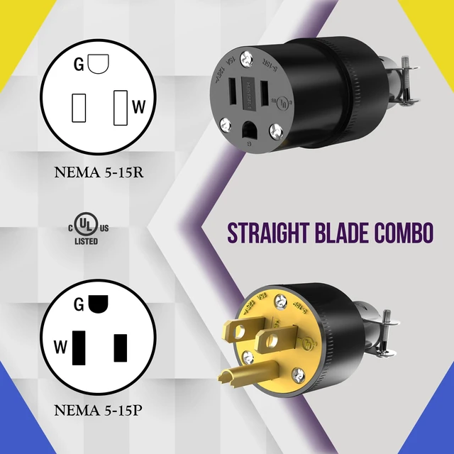 Alt view image 2 of 7 - Extension Cord Ends Male & Female Set, 5-15P & 5-15R, Black,5Pack 15A 125V, heavy duty replacement, straight blade grounding type, UL Listed