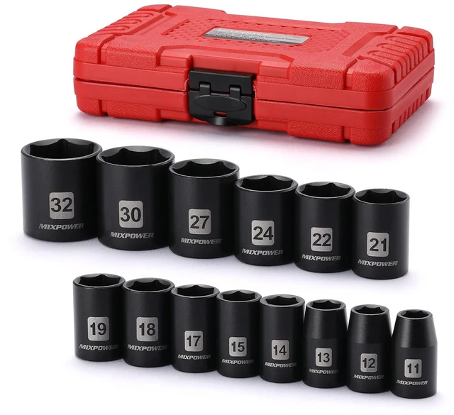 Main image of 14 Pieces 1/2-Inch Drive Shallow Impact Socket Set, 11-32mm, CR-V, Metric, 6 Point, Shallow, 14 Pieces 1/2" Dr. Shallow Socket