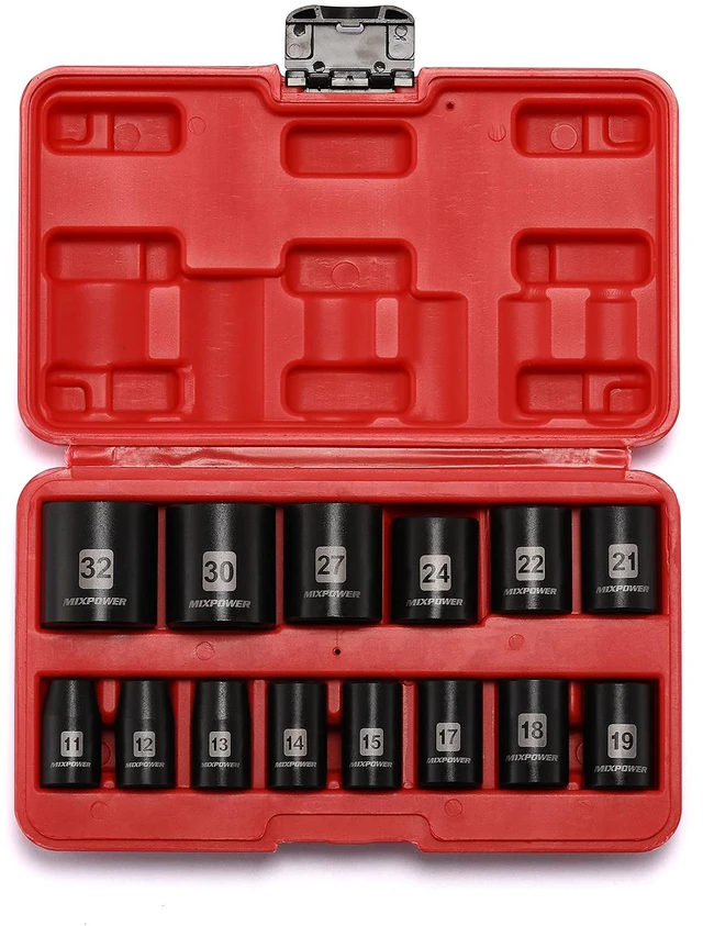 Alt view image 2 of 7 - 14 Pieces 1/2-Inch Drive Shallow Impact Socket Set, 11-32mm, CR-V, Metric, 6 Point, Shallow, 14 Pieces 1/2" Dr. Shallow Socket