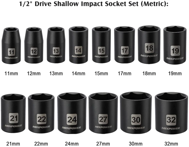 Alt view image 3 of 7 - 14 Pieces 1/2-Inch Drive Shallow Impact Socket Set, 11-32mm, CR-V, Metric, 6 Point, Shallow, 14 Pieces 1/2" Dr. Shallow Socket