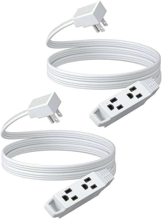 Main image of 2 Pack 6FT 3 Outlet Flat White Extension Cord 16/3, ETL Listed Ultra Slim, Narrow Space Friendly, 3 Prong, 13A/125V/1625W Grounded Flat Power Cable, SPT-3 Cord for Corner Hidden Appliances