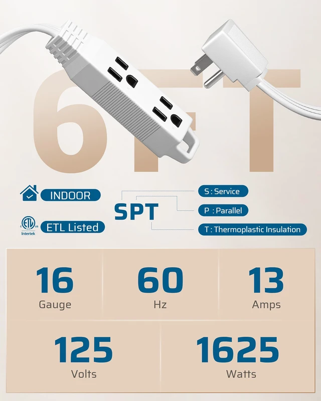 Alt view image 2 of 7 - 2 Pack 6FT 3 Outlet Flat White Extension Cord 16/3, ETL Listed Ultra Slim, Narrow Space Friendly, 3 Prong, 13A/125V/1625W Grounded Flat Power Cable, SPT-3 Cord for Corner Hidden Appliances