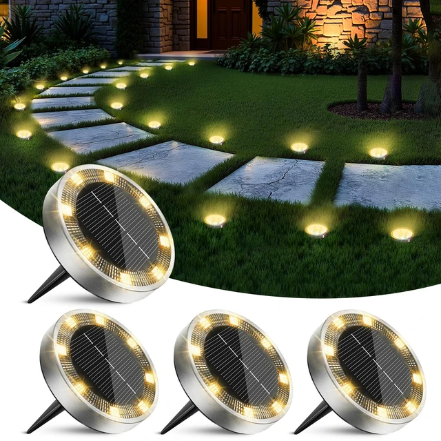 Main image of 4 Pack Solar Lights Outdoor Waterproof, 8 LED Solar Ground Lights Flat Solar Disc Light Landscape Lighting for Pathway Garden Yard Walkway Driveway Lawn, Warm White