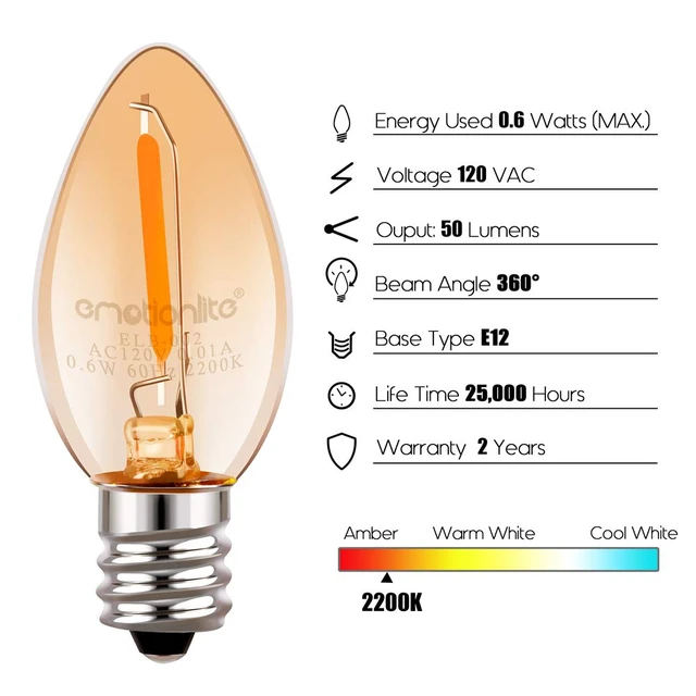 Alt view image 2 of 7 - C7 LED Bulbs, E12 Candelabra Base, Amber 2200K, 50LM, 30 Pack 0.5W low power bulb, 4W-7W equivalent, replacement bulb for salt lamps and nightlights
