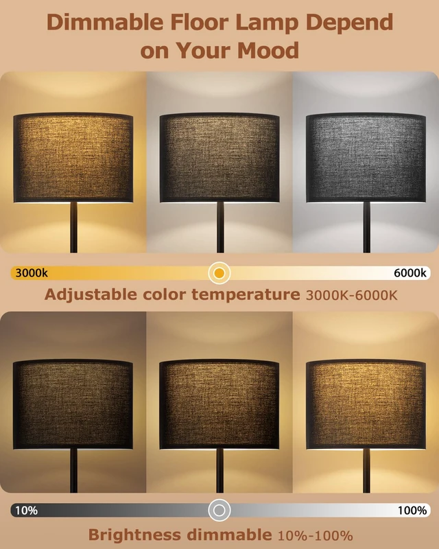 Alt view image 2 of 7 - Dimmable Floor Lamp for Living Room with Remote, 9W 900LM LED Bulb Included, Black Shade Black Pole