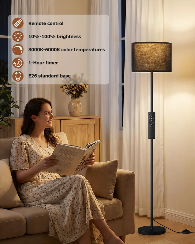 Alt view image 4 of 7 - Dimmable Floor Lamp for Living Room with Remote, 9W 900LM LED Bulb Included, Black Shade Black Pole