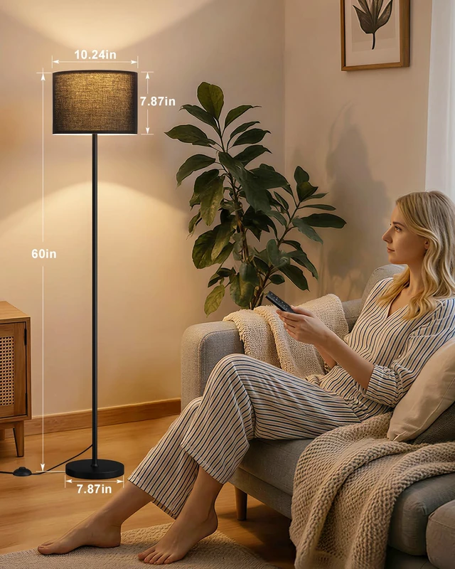 Alt view image 3 of 7 - Dimmable Floor Lamp for Living Room with Remote, 9W 900LM LED Bulb Included, Black Shade Black Pole