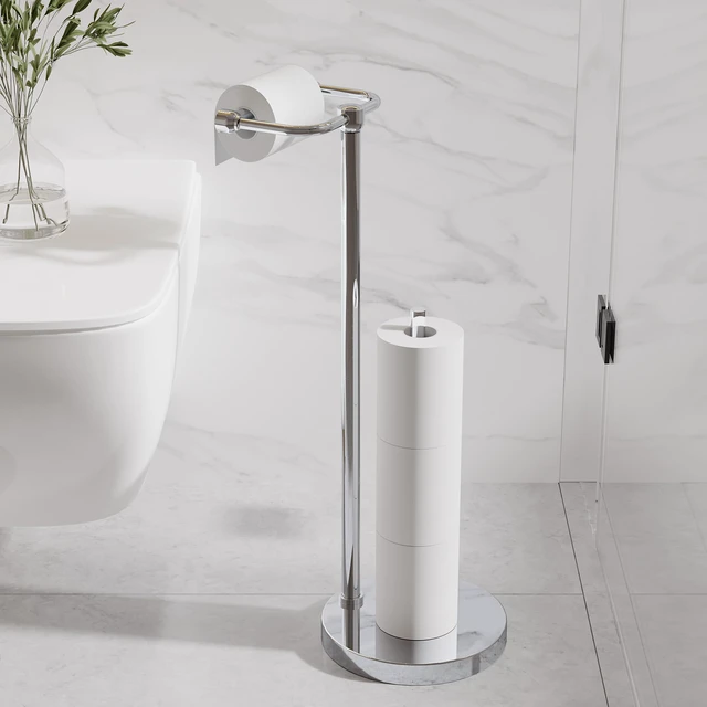 Alt view image 2 of 6 - Toilet Paper Holder Stand, Post Pivoting Design Free Standing Toilet Paper Holder with Storage for 4 Rolls, SUS304 Stainless Steel Tissue Holder with Reserve, Heavy-Duty Base (Chrome)
