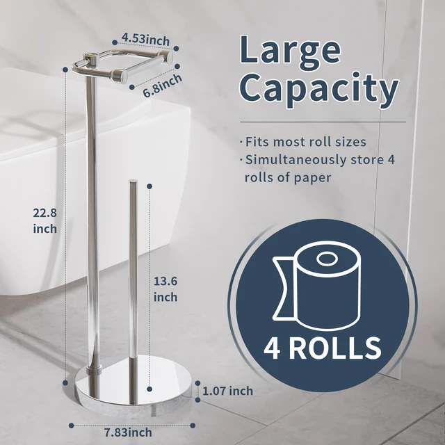 Alt view image 5 of 6 - Toilet Paper Holder Stand, Post Pivoting Design Free Standing Toilet Paper Holder with Storage for 4 Rolls, SUS304 Stainless Steel Tissue Holder with Reserve, Heavy-Duty Base (Chrome)