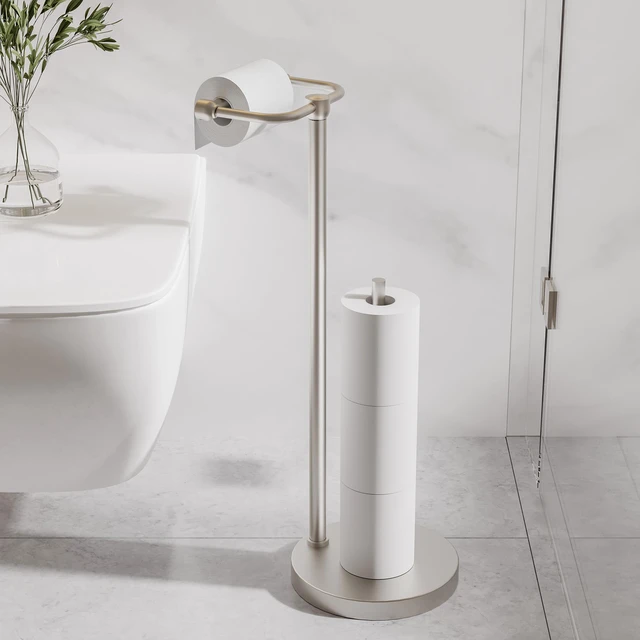 Alt view image 2 of 6 - Toilet Paper Holder Stand, Post Pivoting Design Free Standing Toilet Paper Holder with Storage for 4 Rolls, SUS304 Stainless Steel Tissue Holder with Reserve, Heavy-Duty Base (Brushed Nickel)