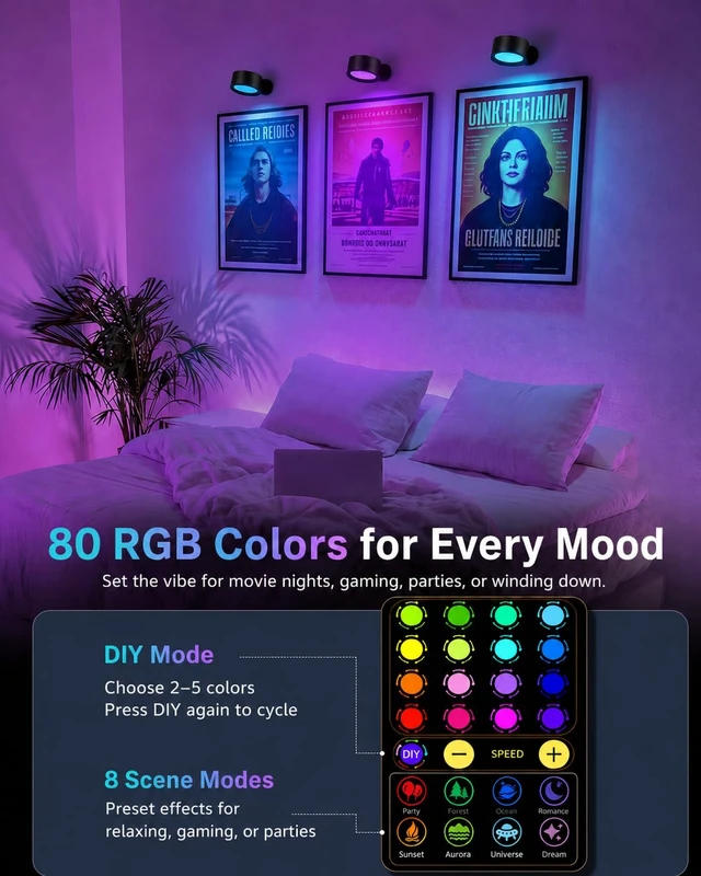Alt view image 3 of 7 - AMETHEUS RGB Wall Sconces, Rechargeable Magnetic Lights with Remote, 3 Pack | 80 RGB Colors, 3 Color Temperatures & 360° Rotation to Set the Mood for Gaming, Movie Nights & Parties