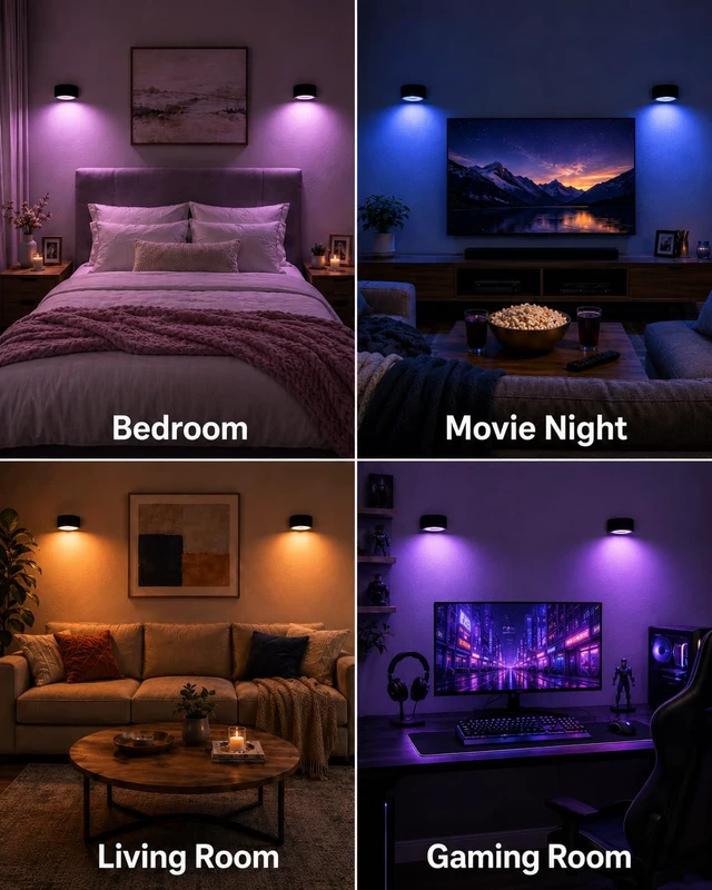 Alt view image 5 of 7 - AMETHEUS RGB Wall Sconces, Rechargeable Magnetic Lights with Remote, 3 Pack | 80 RGB Colors, 3 Color Temperatures & 360° Rotation to Set the Mood for Gaming, Movie Nights & Parties