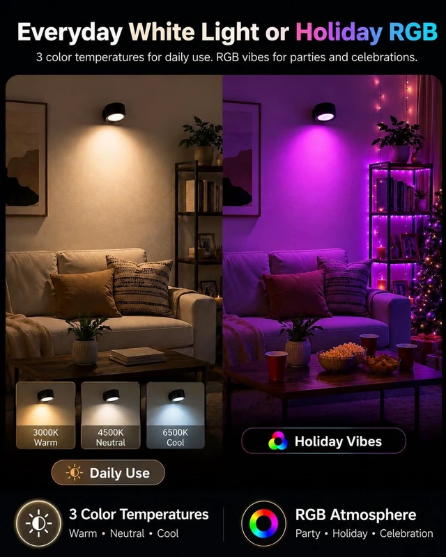 Alt view image 4 of 7 - AMETHEUS RGB Wall Sconces, Rechargeable Magnetic Lights with Remote, 2 Pack | 80 RGB Colors, 3 Color Temperatures & 360° Rotation to Set the Mood for Gaming, Movie Nights & Parties