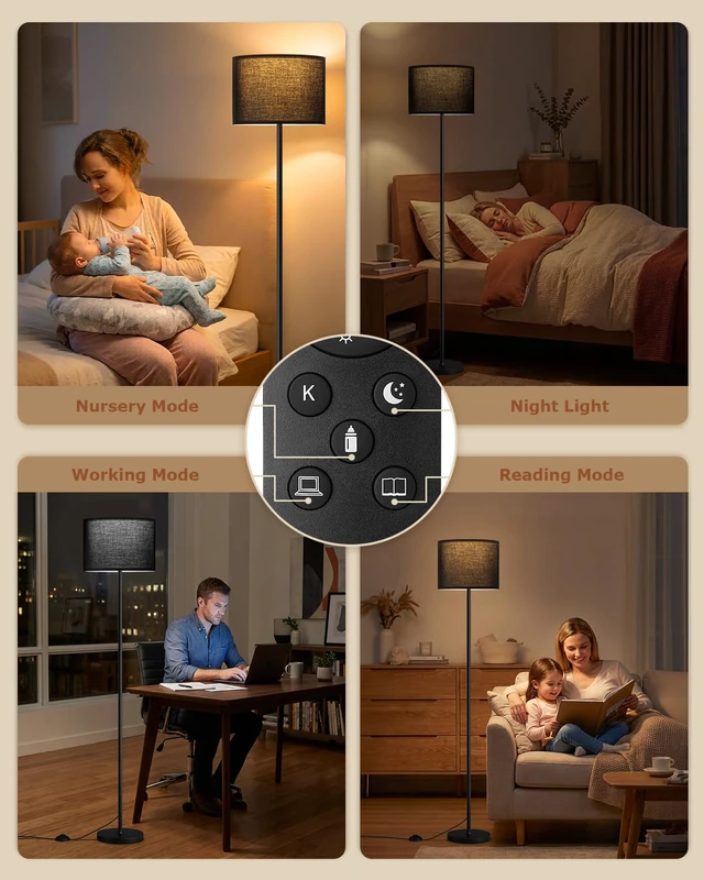 Alt view image 7 of 7 - Dimmable Floor Lamp for Living Room with Remote, 9W 900LM LED Bulb Included, Black Shade Black Pole