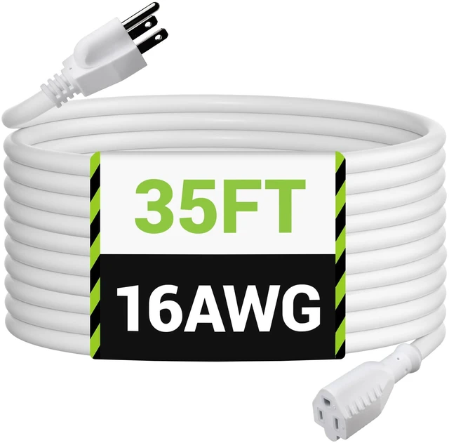 Main image of 35ft Outdoor Extension Cord, 3-Prong, 16 Gauge General Purpose Power Cord, Grounded Plug, White, for Landscaping & Holiday Decorations, Home & Office, 13A, ETL