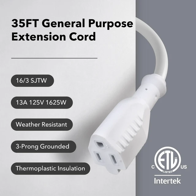 Alt view image 3 of 7 - 35ft Outdoor Extension Cord, 3-Prong, 16 Gauge General Purpose Power Cord, Grounded Plug, White, for Landscaping & Holiday Decorations, Home & Office, 13A, ETL