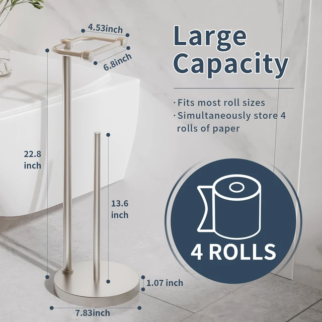 Alt view image 5 of 6 - Toilet Paper Holder Stand, Post Pivoting Design Free Standing Toilet Paper Holder with Storage for 4 Rolls, SUS304 Stainless Steel Tissue Holder with Reserve, Heavy-Duty Base (Brushed Nickel)