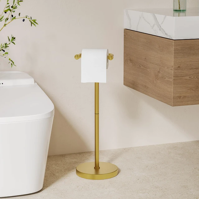 Alt view image 2 of 7 - Toilet Paper Holder Stand, Modern Bathroom Free Standing Toilet Paper Roll Holder, Post Pivoting Toilet Paper Stand with Stainless Steel Tissue Rack, Rust-Proof & Heavy Stable BaseBrushed Gold