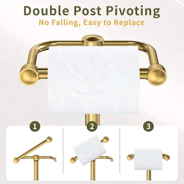 Alt view image 3 of 7 - Toilet Paper Holder Stand, Modern Bathroom Free Standing Toilet Paper Roll Holder, Post Pivoting Toilet Paper Stand with Stainless Steel Tissue Rack, Rust-Proof & Heavy Stable BaseBrushed Gold