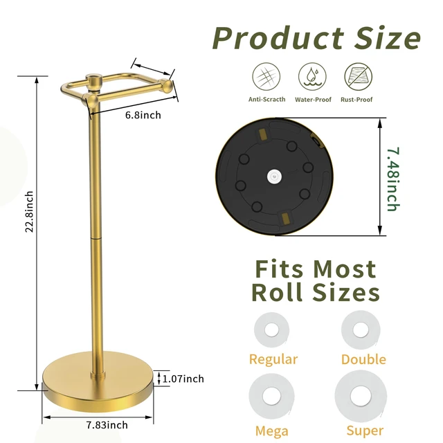 Alt view image 7 of 7 - Toilet Paper Holder Stand, Modern Bathroom Free Standing Toilet Paper Roll Holder, Post Pivoting Toilet Paper Stand with Stainless Steel Tissue Rack, Rust-Proof & Heavy Stable BaseBrushed Gold