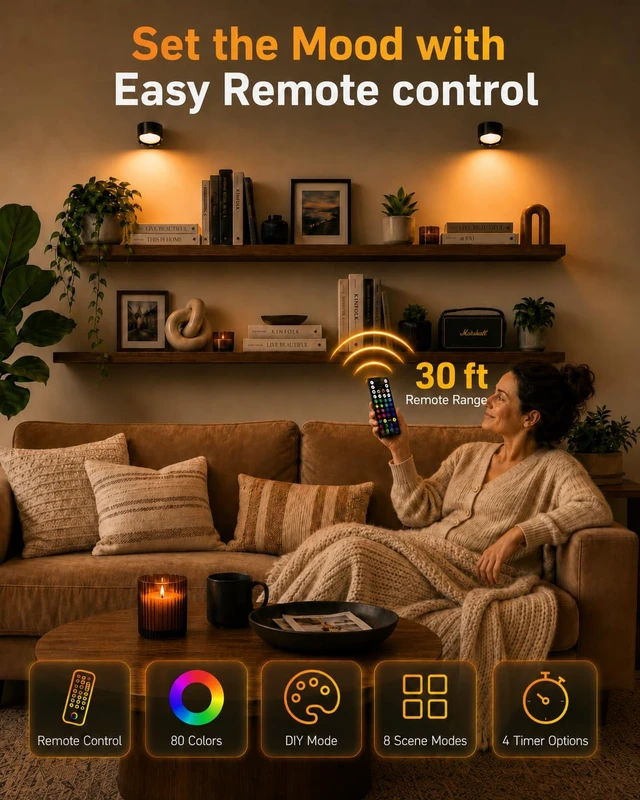 Alt view image 7 of 7 - AMETHEUS RGB Wall Sconces, Rechargeable Magnetic Lights with Remote, 3 Pack | 80 RGB Colors, 3 Color Temperatures & 360° Rotation to Set the Mood for Gaming, Movie Nights & Parties