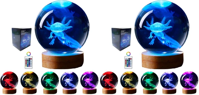 Main image of Axolotl lamp,3.15 inch 3D K9 Crystal Ball Axolotl Night Light with Wooden Base,16 Colors Change,Remote Control,Color Box,Birthday Christmas Axolotl Gift (Pack of 2)