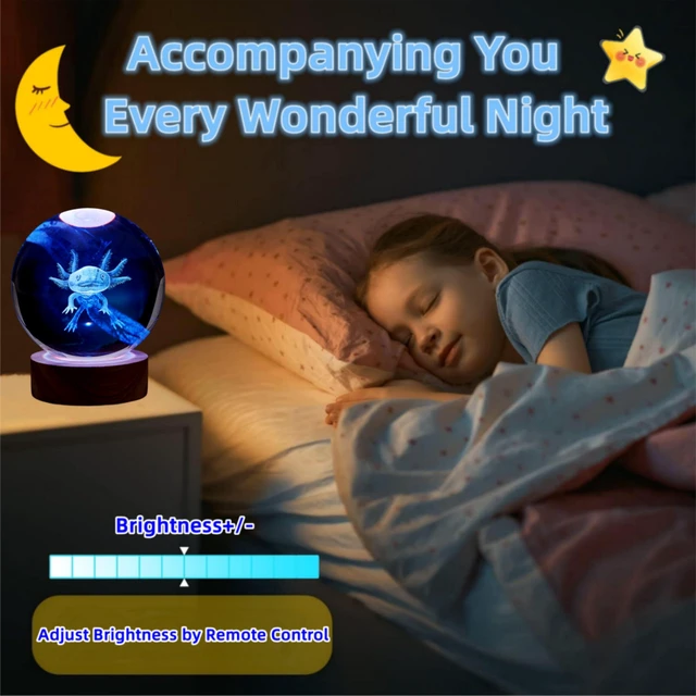 Alt view image 3 of 7 - Axolotl lamp,3.15 inch 3D K9 Crystal Ball Axolotl Night Light with Wooden Base,16 Colors Change,Remote Control,Color Box,Birthday Christmas Axolotl Gift (Pack of 2)