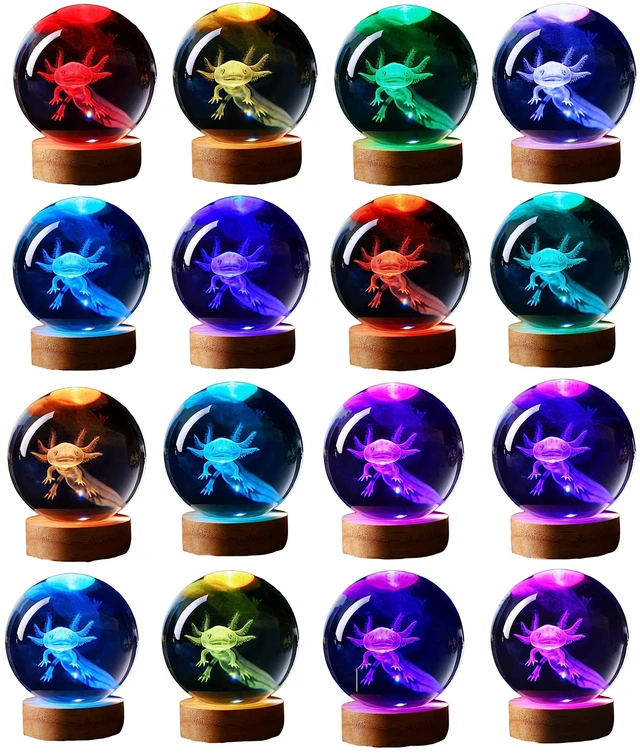 Alt view image 2 of 7 - Axolotl lamp,3.15 inch 3D K9 Crystal Ball Axolotl Night Light with Wooden Base,16 Colors Change,Remote Control,Color Box,Birthday Christmas Axolotl Gift (Pack of 2)