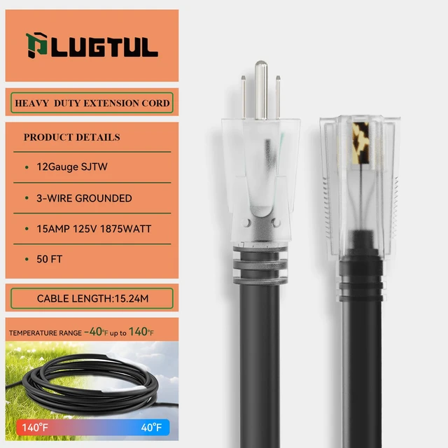 Alt view image 3 of 7 - 12 Gauge Extension Cord 50FT | Outdoor Extension Cord with Lighted End, Heavy Duty,15A 1875W SJTW, ETL Listed, Great for Garden and Home, Black