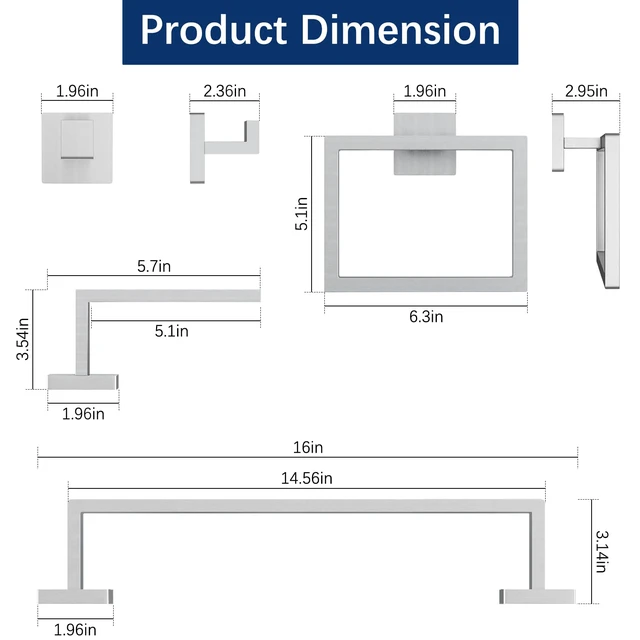 Alt view image 4 of 7 - 16Inch Bathroom Accessory Set Wall Mounted, Brushed Nickel 5-Pieces Stainless Steel Bathroom Hardware Set Towel Bar Set