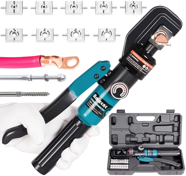 Main image of 10 Ton Hydraulic Battery Cable Crimper Single-Hand Return, 9 Hex Dies for 12-2/0 AWG, 180° Rotating Head, Pro Terminal Tool for Car/RV/Marine Power