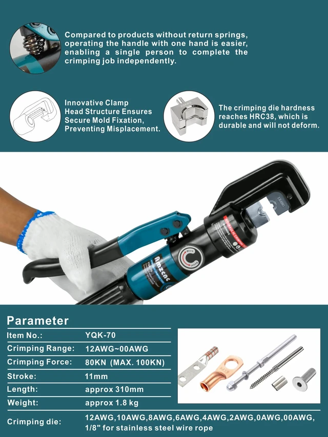 Alt view image 2 of 7 - 10 Ton Hydraulic Battery Cable Crimper Single-Hand Return, 9 Hex Dies for 12-2/0 AWG, 180° Rotating Head, Pro Terminal Tool for Car/RV/Marine Power