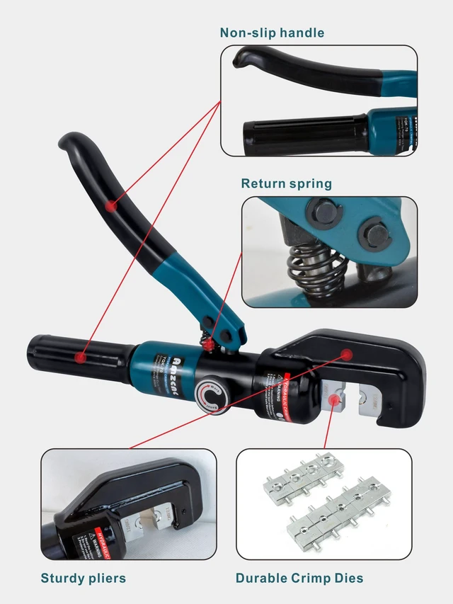 Alt view image 4 of 7 - 10 Ton Hydraulic Battery Cable Crimper Single-Hand Return, 9 Hex Dies for 12-2/0 AWG, 180° Rotating Head, Pro Terminal Tool for Car/RV/Marine Power