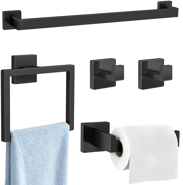 Main image of Bathroom Accessories Set Wall Mounted, 5-Piece 24In Matte Black Stainless Steel Modern Wall Mount Towel Racks for Bathroom Towel Bar Set