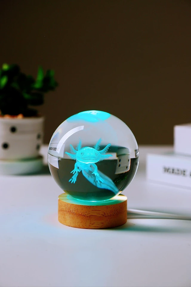 Alt view image 6 of 7 - Axolotl lamp,3.15 inch 3D K9 Crystal Ball Axolotl Night Light with Wooden Base,16 Colors Change,Remote Control,Color Box,Birthday Christmas Axolotl Gift (Pack of 2)