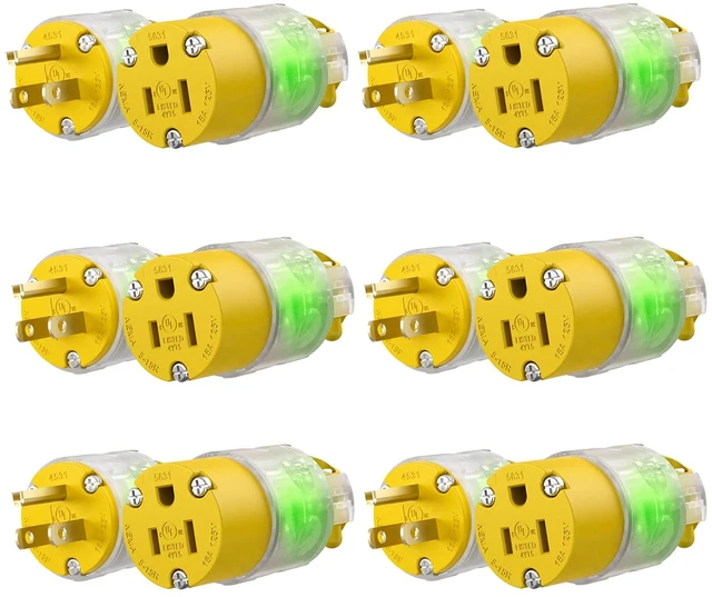 Main image of 6 Sets Lighted Extension Cord Ends Replacement Plug 3 Prong 15A 125V NEMA 5-15P*NEMA 5-15R, Electrical Replacement Plug, Male and Female Extension Cord Ends, 15 Amp Plug, UL Listed,Yellow