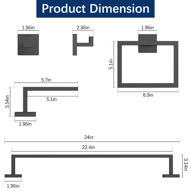 Alt view image 5 of 7 - Bathroom Accessories Set Wall Mounted, 5-Piece 24In Matte Black Stainless Steel Modern Wall Mount Towel Racks for Bathroom Towel Bar Set