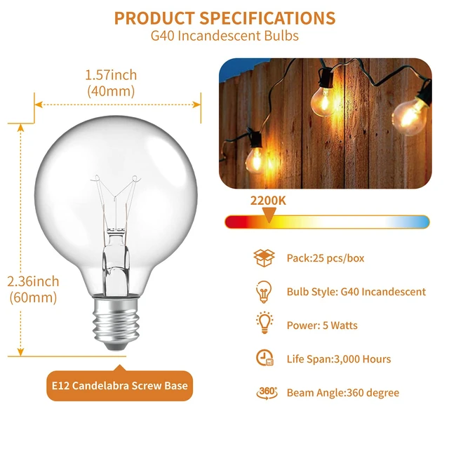 Alt view image 2 of 7 - 25 Pack G40 Outdoor String Light Replacement Bulbs, Warm White 5W 120V, E12 Base, Dimmable, Small Globe Incandescent Light Bulbs for Patio Backyard Garden Cafe Bistro Deck