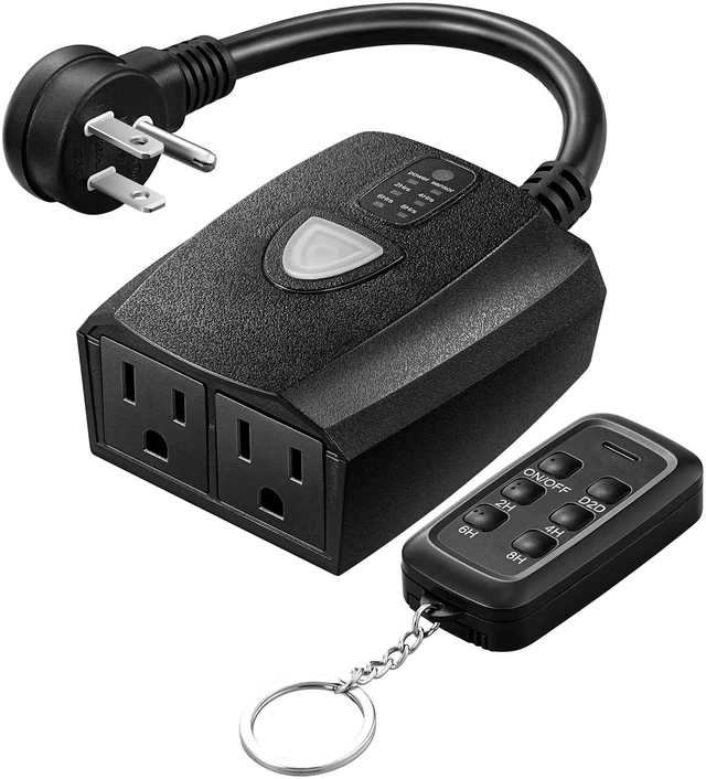 Main image of Outdoor Light Timer, Outdoor Timer Outlet,100FT Remote Control 11 Modes, 125V, 60Hz, 15A, Waterproof Outdoor Timer Outlet for String LightsPump, Sprinkler, Fountain, Black