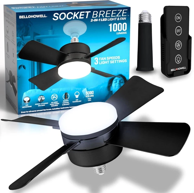 Main image of Socket Breeze Deluxe, Small Ceiling Fan with LED Light and Remote, Adjustable Speeds and Brightness, Light Socket Fan for Bedroom, Kitchen, Living Room, 1000 Lumens