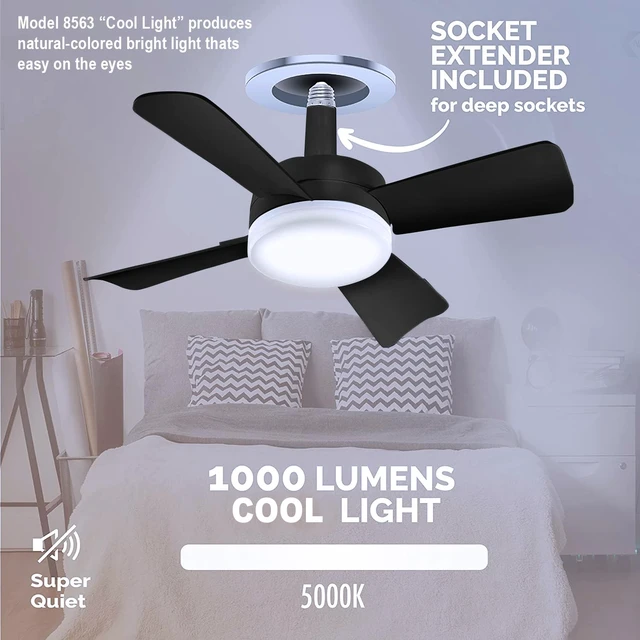 Alt view image 3 of 7 - Socket Breeze Deluxe, Small Ceiling Fan with LED Light and Remote, Adjustable Speeds and Brightness, Light Socket Fan for Bedroom, Kitchen, Living Room, 1000 Lumens