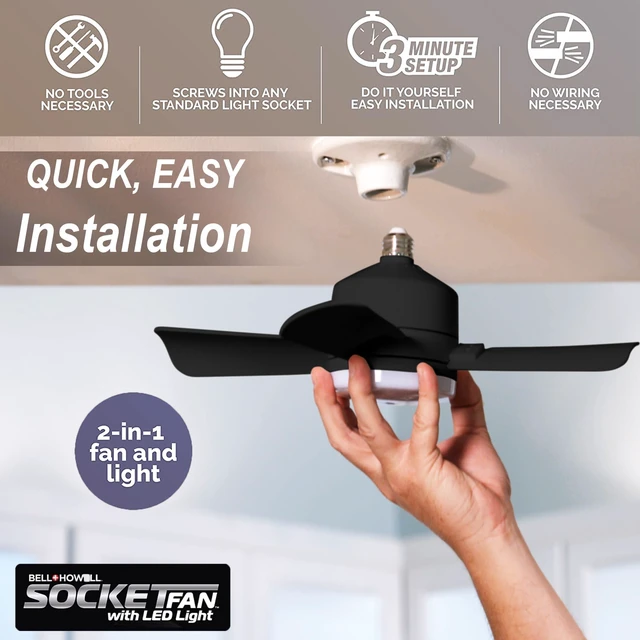 Alt view image 2 of 7 - Socket Breeze Deluxe, Small Ceiling Fan with LED Light and Remote, Adjustable Speeds and Brightness, Light Socket Fan for Bedroom, Kitchen, Living Room, 1000 Lumens