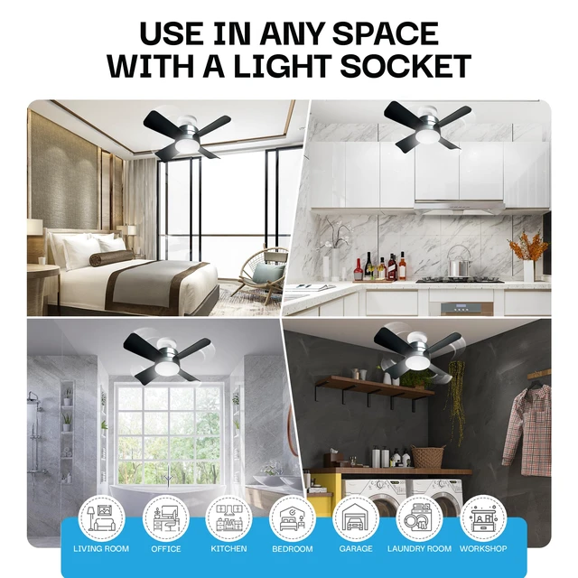 Alt view image 4 of 7 - Socket Breeze Deluxe, Small Ceiling Fan with LED Light and Remote, Adjustable Speeds and Brightness, Light Socket Fan for Bedroom, Kitchen, Living Room, 1000 Lumens