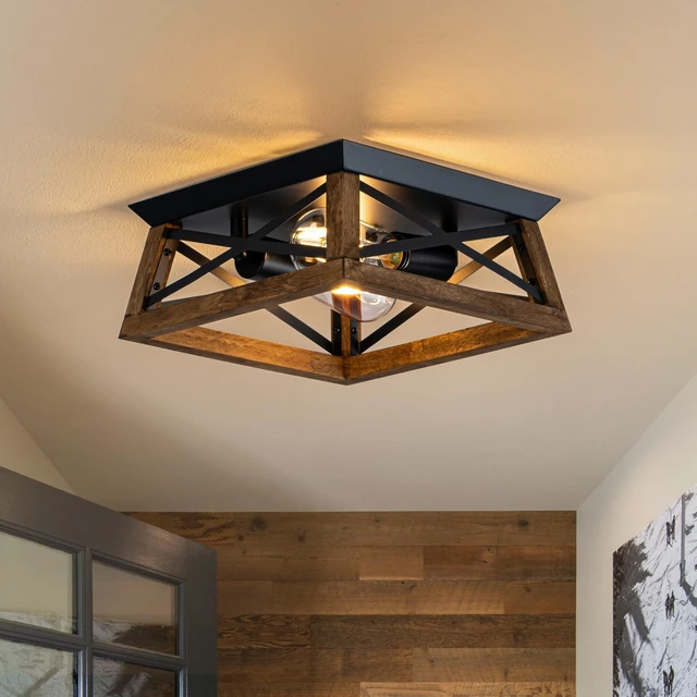 Alt view image 2 of 7 - 2-Light Farmhouse Light Fixture, Rustic Ceiling Light with Wood and Metal Design, Wood Ceiling Light for Kitchen, Hallway, Entryway, Cabinet, Living Room