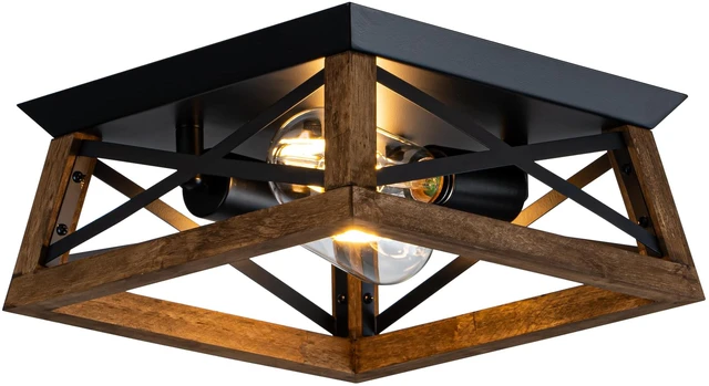 Main image of 2-Light Farmhouse Light Fixture, Rustic Ceiling Light with Wood and Metal Design, Wood Ceiling Light for Kitchen, Hallway, Entryway, Cabinet, Living Room