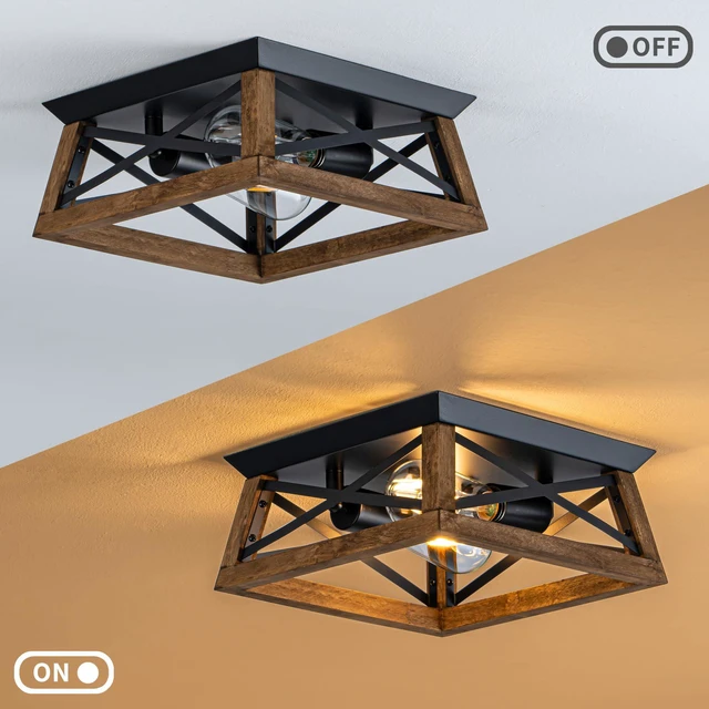 Alt view image 4 of 7 - 2-Light Farmhouse Light Fixture, Rustic Ceiling Light with Wood and Metal Design, Wood Ceiling Light for Kitchen, Hallway, Entryway, Cabinet, Living Room