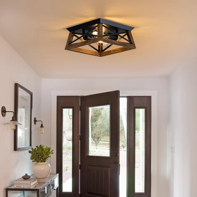 Alt view image 6 of 7 - 2-Light Farmhouse Light Fixture, Rustic Ceiling Light with Wood and Metal Design, Wood Ceiling Light for Kitchen, Hallway, Entryway, Cabinet, Living Room