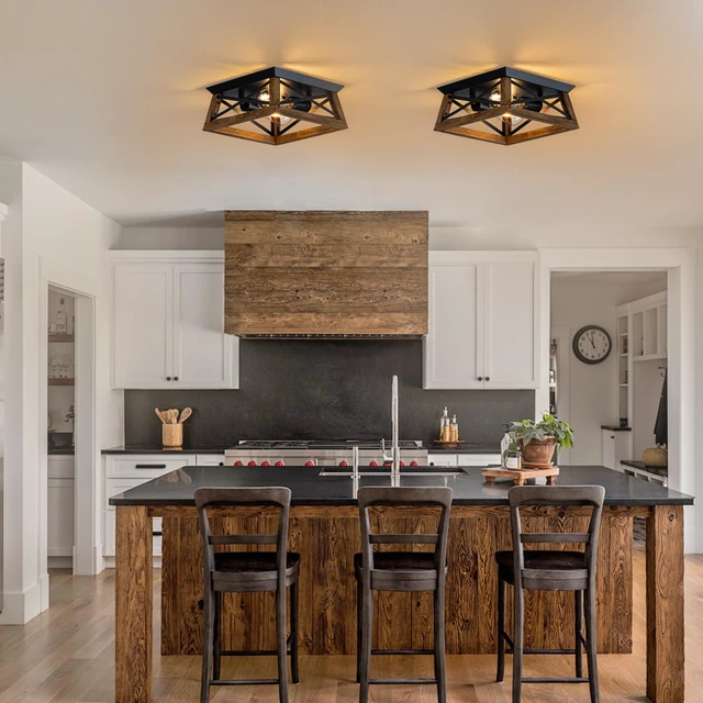 Alt view image 7 of 7 - 2-Light Farmhouse Light Fixture, Rustic Ceiling Light with Wood and Metal Design, Wood Ceiling Light for Kitchen, Hallway, Entryway, Cabinet, Living Room